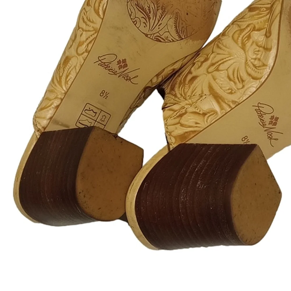 PATRICIA NASH TAN LEATHER OPEN TOE MULE HEEL SHOES WITH TOOLED FLORAL DE… - Picture 14 of 15